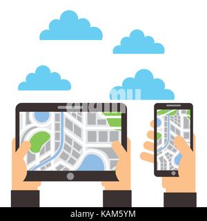 Hände mit Tablet-PC und Smartphone Navigation Karte Lage Stock Vektor