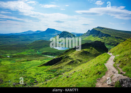 Ein Blick von der Quiraing Blick zurück auf dem Weg zur grünen Pisten mit einem Loch und blauer Himmel Stockfoto