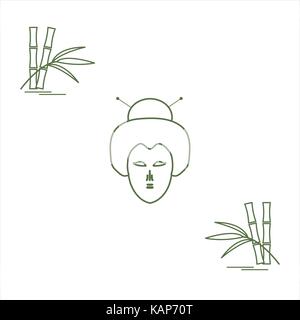 Stilisierte Ikone der japanischen Frau Gesicht und Bambus. Reisen und Freizeit. Design für Banner, Poster oder Druck. Stock Vektor