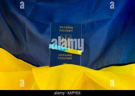 Ukrainischen Pass im Hintergrund die Ukraine Flagge Stockfoto