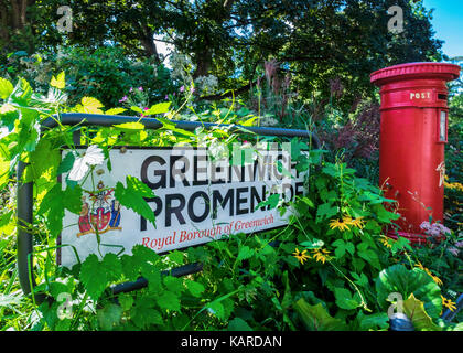 Berlin, Alt-Tegal, Alte Tegal. Englisch red Post Box auf der Greenwich Promenade neben dem Tegeler See - partnerstadt von Greenwich London Stockfoto