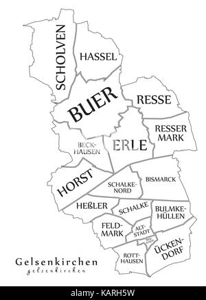 Moderne Stadtplan - Gelsenkirchen Stadt Deutschlands mit Bezirken und Titel DE Übersichtskarte Stock Vektor