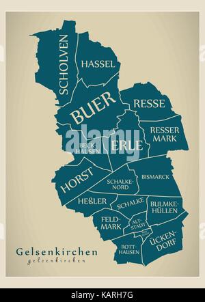 Moderne Stadtplan - Gelsenkirchen Stadt Deutschlands mit Bezirken und Titel DE Stock Vektor