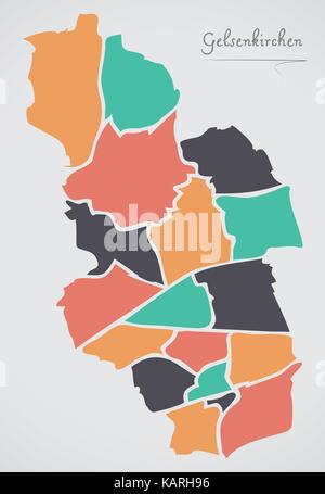 Gelsenkirchen Karte mit Bezirken und moderne runde Formen Stock Vektor