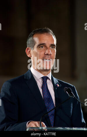 Los Angeles, USA. 27 Sep, 2017. Los Angeles Bürgermeister Eric Garcetti auf der Pressekonferenz für die Akademie Museum von Motion Pictures, ist im Bau und für die Fertigstellung im Jahr 2019 geplant. Credit: Robert Landau/Alamy leben Nachrichten Stockfoto