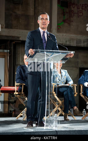 Los Angeles, USA. 27 Sep, 2017. Los Angeles Bürgermeister Eric Garcetti auf der Pressekonferenz für die Akademie Museum von Motion Pictures, ist im Bau und für die Fertigstellung im Jahr 2019 geplant. Credit: Robert Landau/Alamy leben Nachrichten Stockfoto