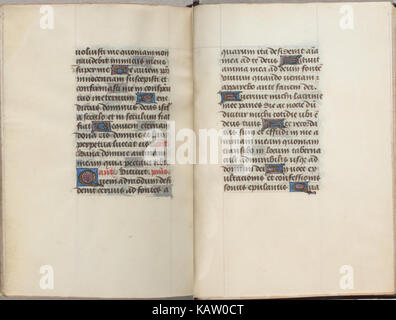 Eine Zeichnung aus dem Trivulzio-Stundenbuch, gemalt von Simon Marmion und Lieven van Lathem im Jahr 1470, mit komplizierten Illustrationen einer mittelalterlichen Handschrift. Stockfoto