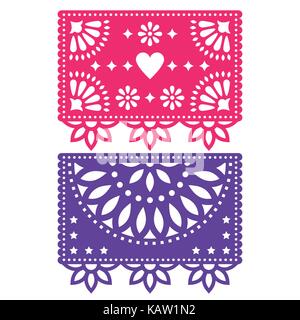 Papel Picado vector Template Design, Mexikanische papierdeko Blumen und geometrische Formen, zwei party Banner Stock Vektor