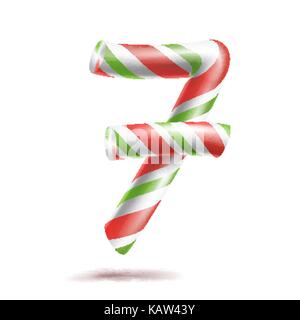 7, Nummer sieben Vektor. 3D-Nummer anmelden. Abbildung 7 In Weihnachten Farben. Rot, Weiß, Grün gestreift. Klassische Weihnachten Mint Hard Candy Cane. Neues Jahr Design. Auf weiß Abbildung isoliert Stock Vektor