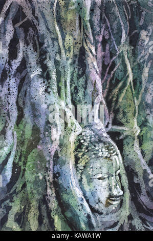 Aquarell batik Anstrich der verfallenen Buddha Kopf von Sycamore Wurzeln bei der UNESCO Welterbe Ruinen von Ayutthaya, Thailand überwuchert. Stockfoto