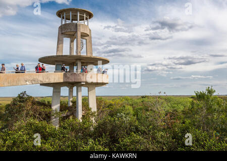 Der Everglades National Park, Florida. Touristen an der Shark Valley Aussichtsturm. Stockfoto