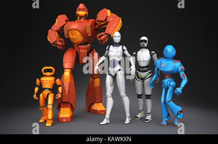 Gruppe von Robotern. 3D-Darstellung Stockfoto