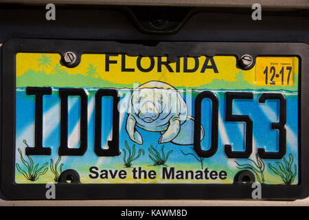 Florida, USA. Auto Nummernschild, speichern Sie die Seekuh. PR. Stockfoto