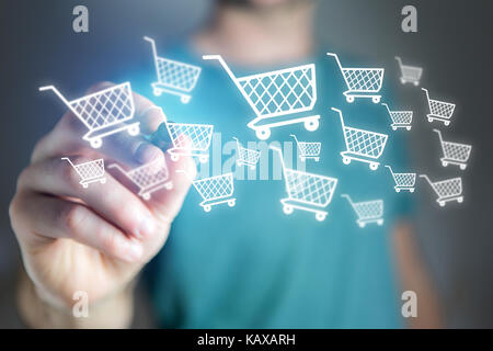 Blick auf eine virtuelle Katze von einem Mann auf einem Glas - Online shopping Konzept erstellt Stockfoto