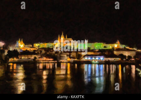 Nacht Blick auf Prag: Karlsbrücke, die barocke Kirche St. Nikolaus, Hradschin, Burg und St. Vitus Kathedrale. Licht verkehre Frames die Gebäude d Stockfoto