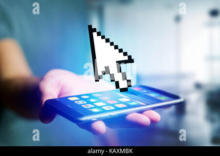 Ansicht eines Pixeled schwarze und weiße Maus auf eine futuristische Schnittstelle angezeigt - Verbindung Konzept Stockfoto