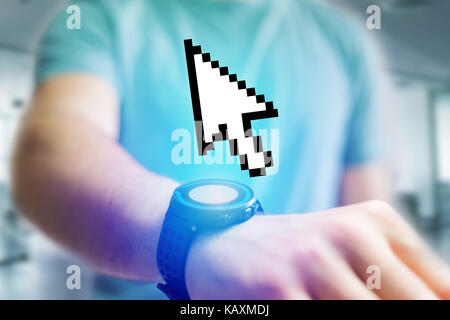 Ansicht eines Pixeled schwarze und weiße Maus auf eine futuristische Schnittstelle angezeigt - Verbindung Konzept Stockfoto