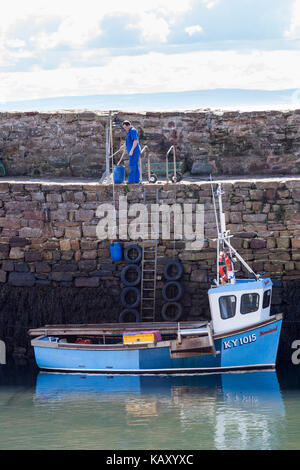 Ein hummerfischer sein Boot vorbereiten, bevor Sie von Crail Hafen, Fife, Schottland Großbritannien Stockfoto