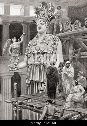 Phidias und seine Assistenten bei der Arbeit an der Statue der Göttin Athena im Parthenon erhält Besuch von Perikles. Phidias oder Pheidias, C. 480 - 430 v. Chr.. Griechische Bildhauer, Maler und Architekt. Perikles, C. 495 - 429 v. Chr.. Griechische Staatsmann, Redner und allgemein von Athen. Nach dem Gemälde von Ambrose Dudley, (1867-1951). Von Hutchinson's Geschichte der Nationen, veröffentlicht 1915. Stockfoto