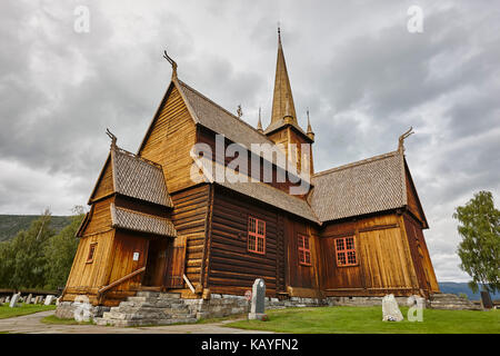 Lom-mittelalterliche Stabkirche Viking Symbol. Norwegische Erbe. Horizontale Stockfoto