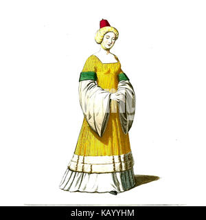 Diese Abbildung zeigt eine Frau in mittelalterlichem Kleid oder Kostüm, wahrscheinlich für historische Nachstellungen, Illustrationen oder Studien. Die Kleidung spiegelt die Mode des Mittelalters in Europa wider und zeigt typische Kleidung aus dieser Zeit. Stockfoto