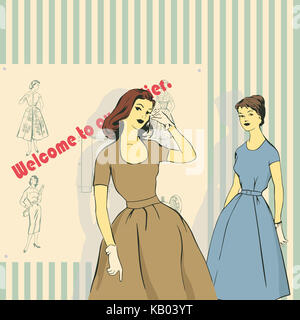 Illustration, retro Image von Mädchen und eine Nähmaschine studio Stockfoto