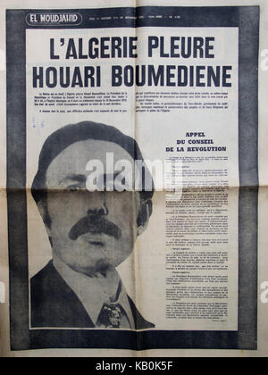 Foto von original Zeitung aus Algerien, der Tod von Präsident Boumediene 28. Dezember 1978. Stockfoto