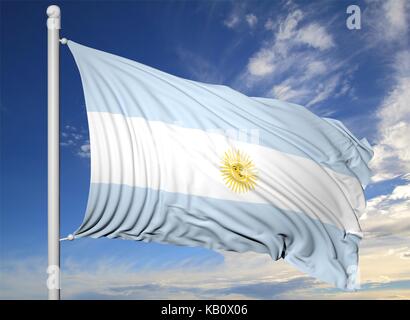 Wehende Flagge Argentinien Fahnenmast, blauer Himmel. Stockfoto
