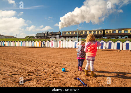 Strandhütten, Dampfzug Eisenbahn am meer sommer in Paignton Stockfoto