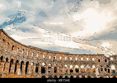 Das römische Amphitheater in Pula, Kroatien, eine Arena, ähnlich wie Kolosseum von Rom Architektur details Stockfoto