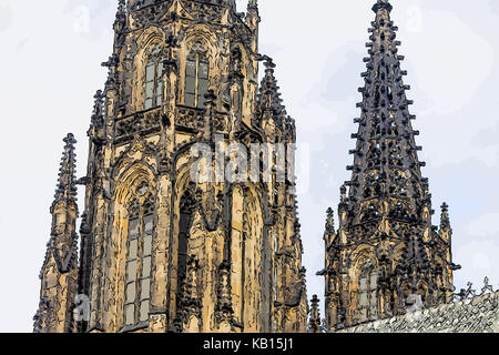 Die ungewöhnliche Uhr der Kathedrale von St. Vitus in Prag, eine Kirche mit dunklen gotische Türme bewacht von gargoyle: Diese Kirche ist das wichtigste religiöse Symb Stockfoto