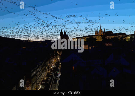 Nacht Blick auf Sehenswürdigkeiten in Prag: barocke Kirche St. Nikolaus, Hradschin, Burg und St. Vitus Kathedrale. Licht verkehre Frames die Gebäude d Stockfoto