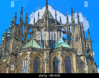 Die äußere Fassade der Kathedrale von St. Vitus in Prag, eine Kirche mit dunklen gotischen Türmen: Diese Kirche ist das wichtigste religiöse Symbol der Tschechischen Re Stockfoto