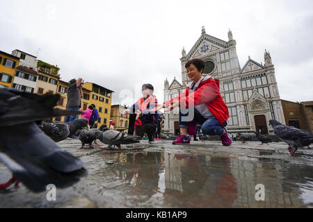 Eine allgemeine Ansicht der Tauben vor der Franziskanerkirche Santa Croce in Florenz in Italien. Aus einer Serie von Fotos in Italien. foto Datum: Stockfoto