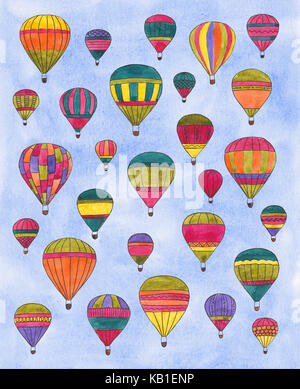 Heißluftballons im blauen Himmel Aquarell Muster, Hand gezeichnet Stockfoto