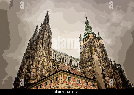 Die äußere Fassade der Kathedrale von St. Vitus in Prag, eine Kirche mit dunklen gotische Türme bewacht von gargoyle: Die wichtigsten religiösen Symbol der Cze Stockfoto