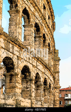 Das römische Amphitheater in Pula, Kroatien, eine Arena, ähnlich wie Kolosseum von Rom Architektur details Stockfoto