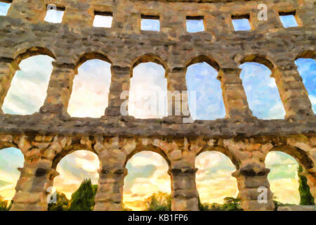 Das römische Amphitheater in Pula, Kroatien, eine Arena, ähnlich wie Kolosseum von Rom Architektur details Stockfoto