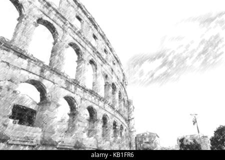 Das römische Amphitheater in Pula, Kroatien, eine Arena, ähnlich wie Kolosseum von Rom Architektur details Stockfoto