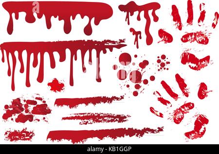 Stellen Sie realistische blutige Streifen. Handprint im Blut. Rote Spritzer, Spray, Flecken. Tropfen, Tropfen von Blutflecken auf weißem Hintergrund. Halloween Konzept. Vector Illustration. Stock Vektor