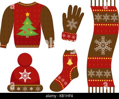 Winter warme Kleidung Icon Set, flacher Stil. Weihnachten Bekleidung, Bekleidung Sammlung mit Mustern. Mütze, Schal, Handschuhe, Pullover. Auf weissem Hintergrund. Vector Illustration. Stock Vektor