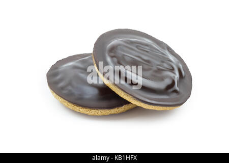 Jaffa cakes auf weißem Hintergrund. Beschneidungspfade in Jpeg enthalten. Stockfoto