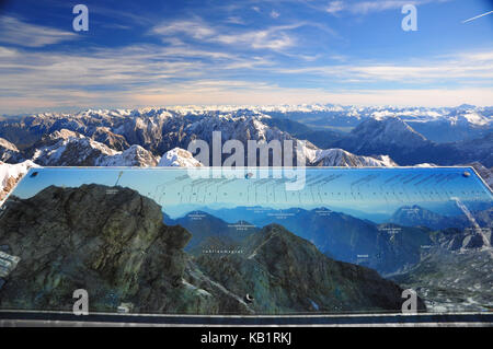 Deutschland, Bayern, Werdenfelser, Zugspitze (Berg), Gipfel, Panorama Karte, Stockfoto