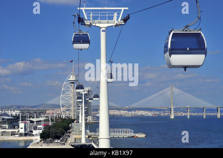 Portugal, Lissabon, Seilbahn und Vasco da Gama Brücke im ehemaligen ehemaligen ehemaligen unteren Bereich und dem heutigen Stadtquartier Parque die Nacoes, Stockfoto