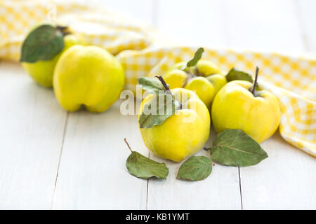 Gesunde Lebensweise, Ernährung, Herbst Konzept. auf weißem Schreibtisch gibt es extrem helle gelbe Früchte Quitte genannt, die sehr gesund sind, enthält viele Vitamine Stockfoto