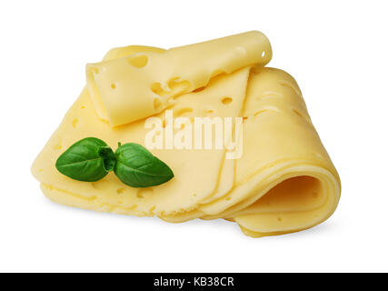 Einige Käse mit Basilikum auf weißem Hintergrund Stockfoto