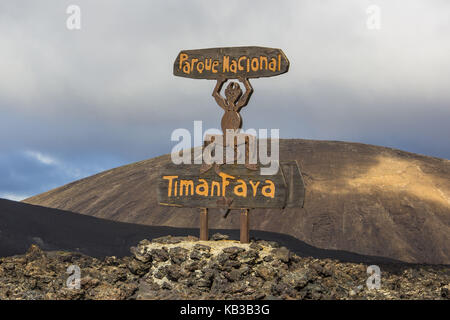 Spanien, Kanarische Inseln, Lanzarote, Nationalpark Timanfaya, Schild, Stockfoto