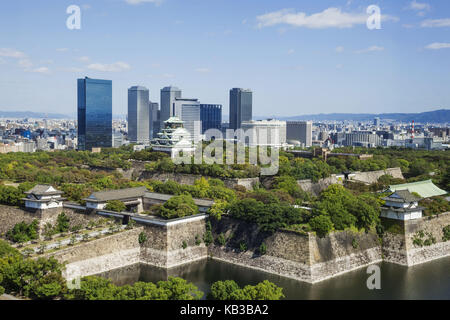 Japan, Honshu, Kansai, Osaka, Schloß, Hochhäuser, Stockfoto