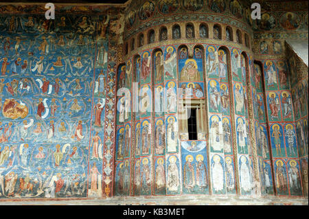 Rumänien, südlich der Region Bukowina, in Richtung Stadt, Gura Humorului voronet orthodoxe Kloster Unesco Weltkulturerbe, Fresko Stockfoto