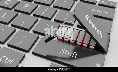 3D-Darstellung. Offene suchen" mit gelben Ordner und Lupe. Online Storage Konzept Stockfoto